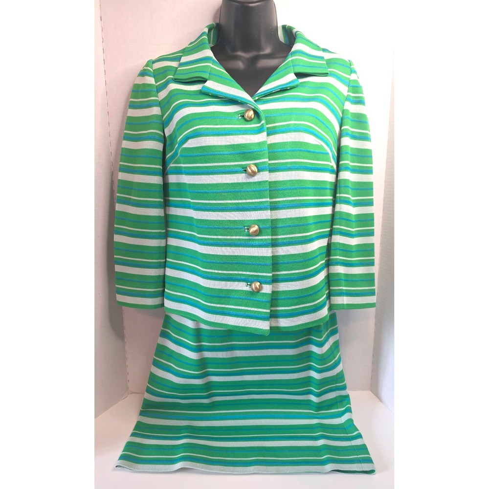 Vintage 60s‎ Joe Frank Striped Suit Green/White/Blue Gold Buttons  XS/S CALLOUTS